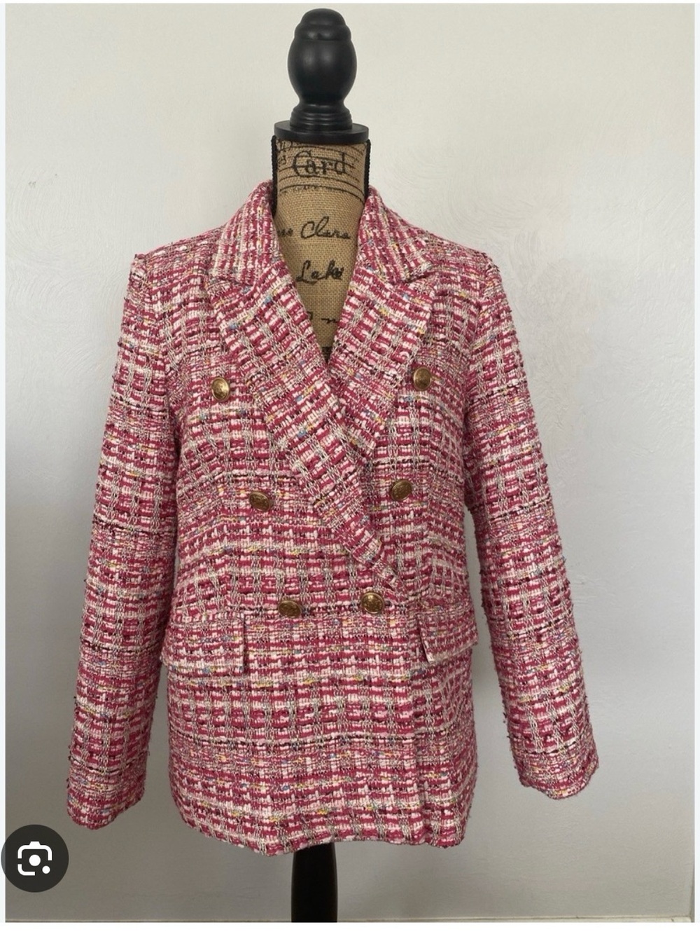 Rachel Zoe Pink & White Tweed Double-Breasted Blazer with Gold Buttons medium